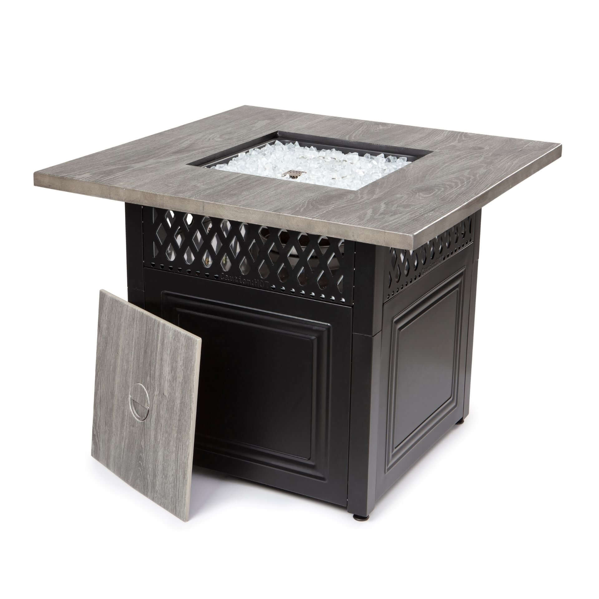 The award winning Dakota Dual Heat Gas outdoor firepit, displayed with the cover off, on a white background.