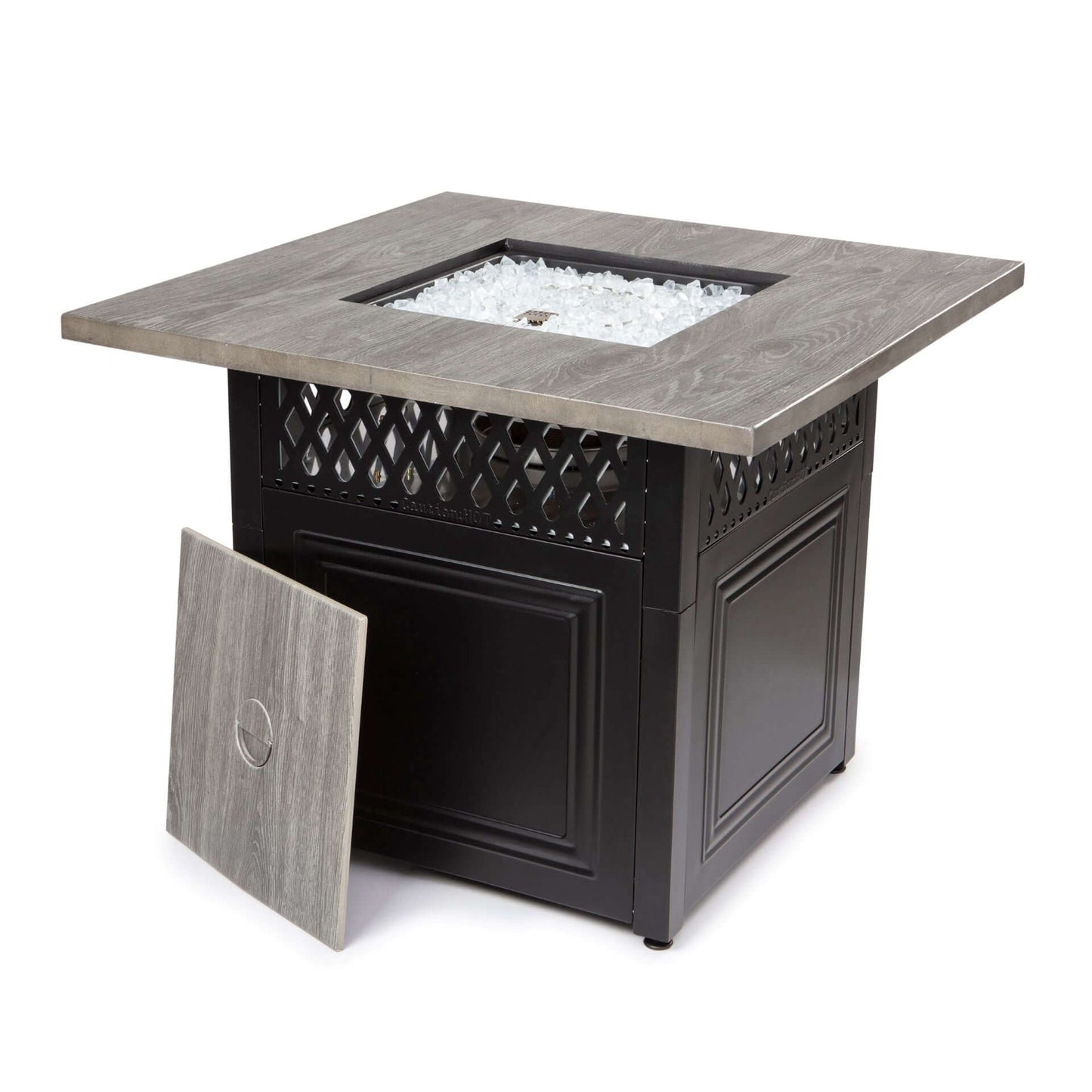 The award winning Dakota Dual Heat Gas outdoor firepit, displayed with the cover off, on a white background.