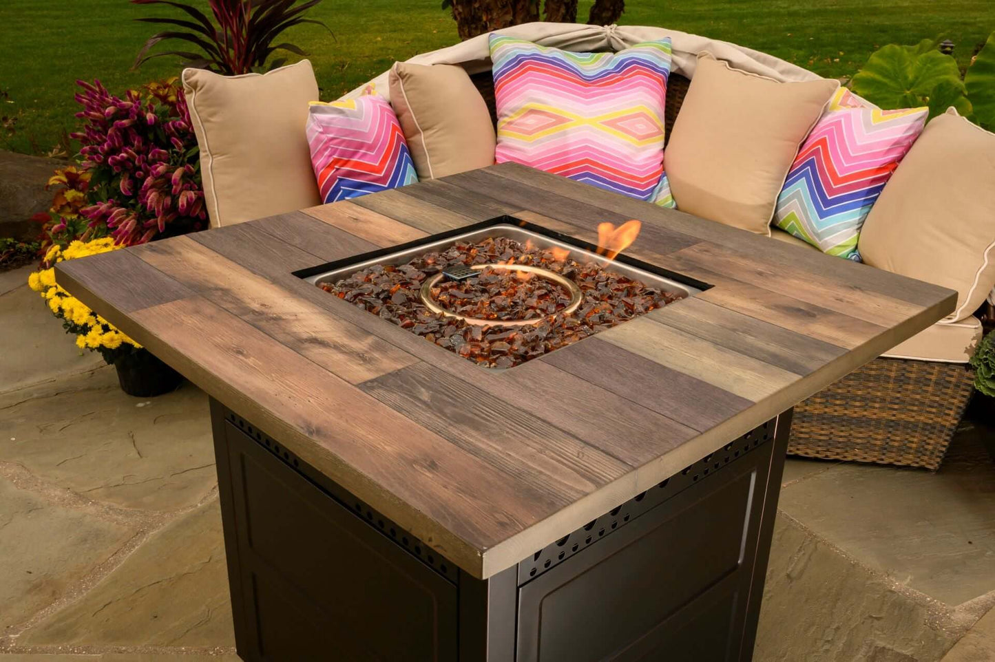 The Harris. Dual Heat LP Gas Outdoor Fire Pit/Patio Heater with Wood Look Resin Mantel