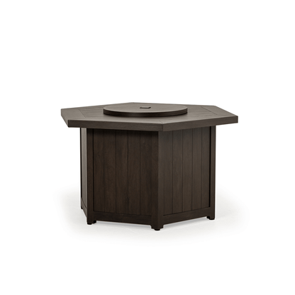 The Haven 42" Hexagon Aluminum Fire Pit with the black walnut finish, Displayed with the lid on, on a white background.