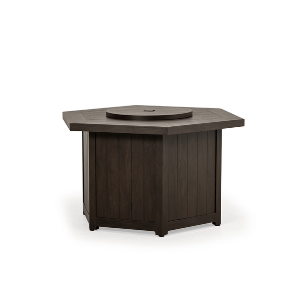 The Haven 42 Hexagon Aluminum Fire Pit with the black walnut finish, Displayed with the lid off, on a white background.