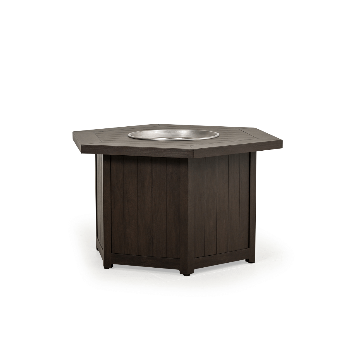 The Haven 42" Hexagon Aluminum Fire Pit with the black walnut finish, Displayed with the lid off, on a white background.