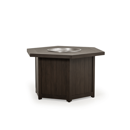 The Haven 42" Hexagon Aluminum Fire Pit with the black walnut finish, Displayed with the lid off, on a white background.