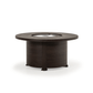 The Haven 48" Round Aluminum Fire Pit, displayed with the cover off, in a black walnut finish, on a white background.