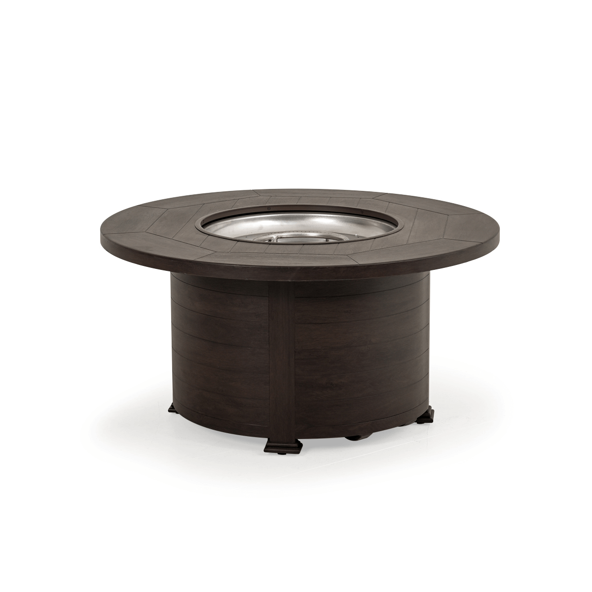 The Haven 48" Round Aluminum Fire Pit, displayed in a black walnut finish, on a white background.