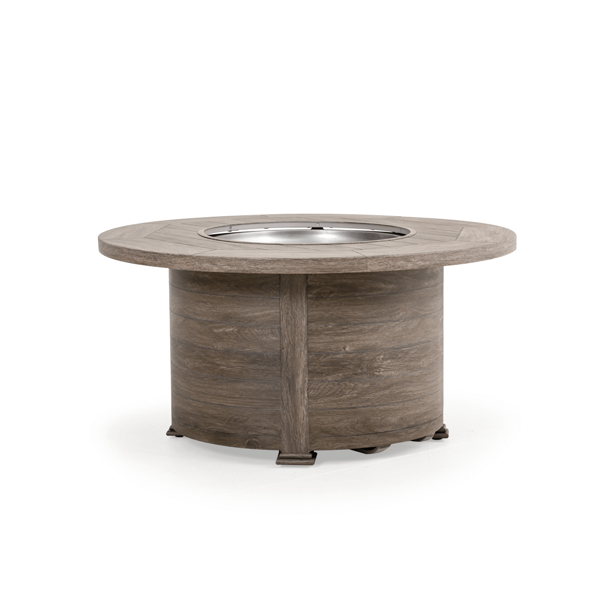 The Haven 48" Round Aluminum Fire Pit, displayed with the cover off, in a Grey Birch finish, on a white background.