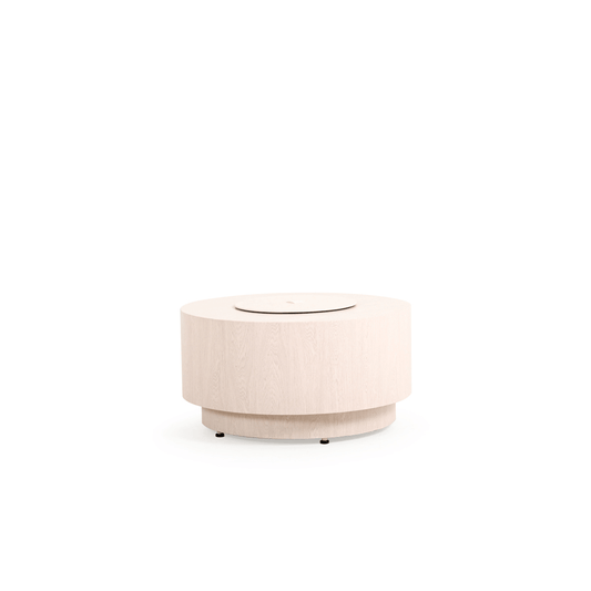 The Stunning Hilo Outdoor 34" Round Faux Wood Fire Pit, displayed with the lid on, on a white background.