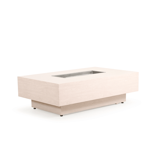 The Stunning Hilo Outdoor 36" x 58" Rectangular Faux Wood Fire Pit, displayed with the lid off, on a white background.