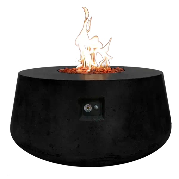 The Indiana Modern Fire Pit 01 in the Noir color option. Presented with a warm flame, on a white background.