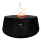 The Indiana Modern Fire Pit 01 in the Noir color option. Presented with a warm flame, on a white background.