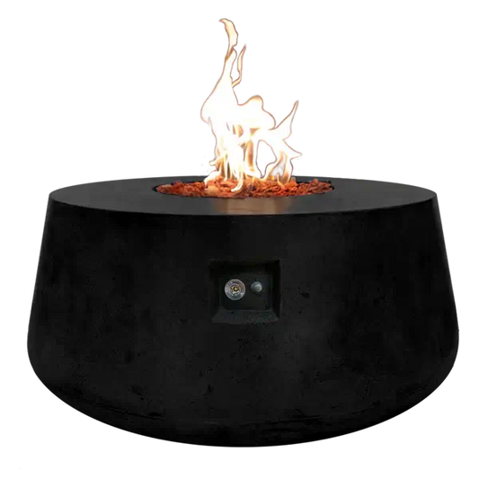 The Indiana Modern Fire Pit 01 in the Noir color option. Presented with a warm flame, on a white background.
