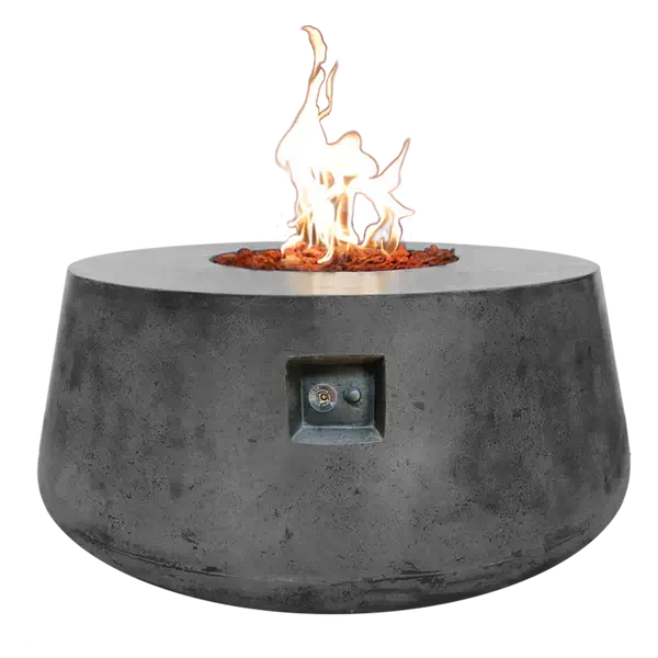 The Indiana Modern Fire Pit 01 in the Graphite color option. Presented with a warm flame, on a white background.