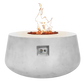The Indiana Modern Fire Pit 01 in the Marble White color option. Presented with a warm flame, on a white background.