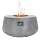 The Indiana Modern Fire Pit 01 in the Natural Concrete color option. Presented with a warm flame, on a white background.