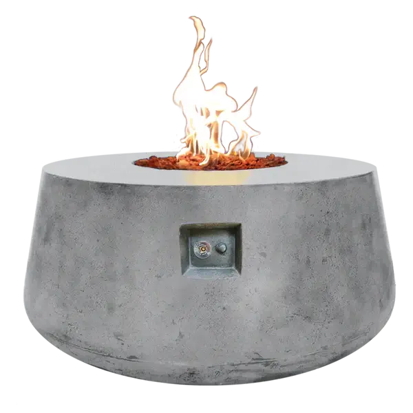 The Indiana Modern Fire Pit 01 in the Natural Concrete color option. Presented with a warm flame, on a white background.
