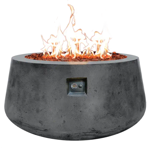 The Indiana Modern Fire Pit 02. Showcased in the Graphite color option with a warm flame, on a white background.