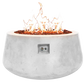 The Indiana Modern Fire Pit 02. Showcased in the Marble White color option with a warm flame, on a white background.