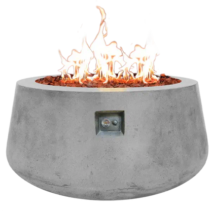 The Indiana Modern Fire Pit 02. Showcased in the Natural Concrete color option with a warm flame, on a white background.