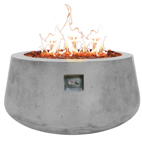 The Indiana Modern Fire Pit 02. Showcased in the Noir color option with a warm flame, on a white background.
