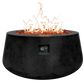 The Indiana Modern Fire Pit 02. Showcased in the Noir color option with a warm flame, on a white background.