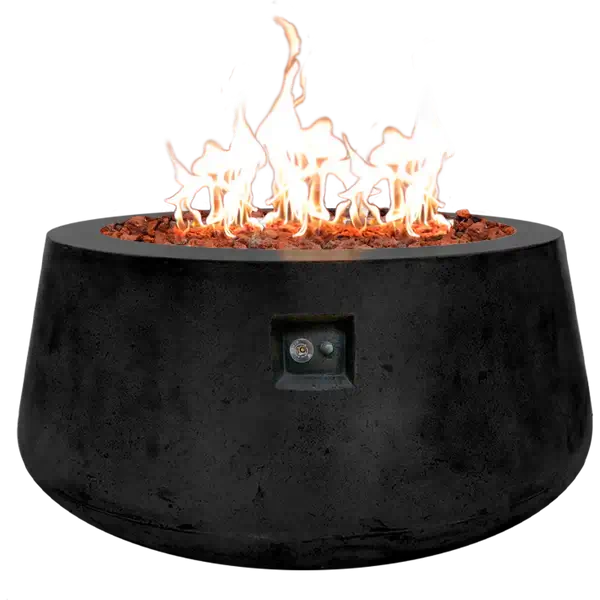 The Indiana Modern Fire Pit 02. Showcased in the Noir color option with a warm flame, on a white background.