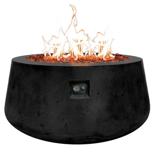 The Indiana Modern Fire Pit 02. Showcased in the Noir color option with a warm flame, on a white background.