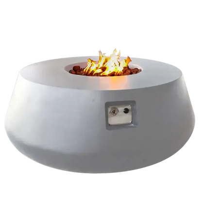 The Indiana Modern Fire Pit 03 in the Marble White color option, displayed on a white background, with a warm roaring flame.