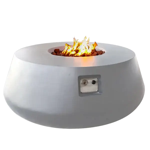 The Indiana Modern Fire Pit 03 in the Noir color option, displayed on a white background, with a warm roaring flame.