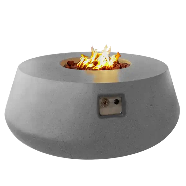 The Indiana Modern Fire Pit 03 in the Natural Concrete color option, displayed on a white background, with a warm roaring flame.