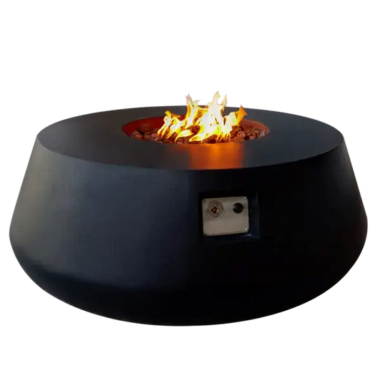 The Indiana Modern Fire Pit 03 in the Noir color option, displayed on a white background, with a warm roaring flame.