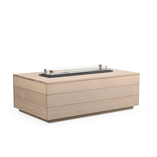 Kona Outdoor PoliSoul™ Rectangular Fire Pit with Wind Guard, shown in the Weathered Teak color option, on a white background.