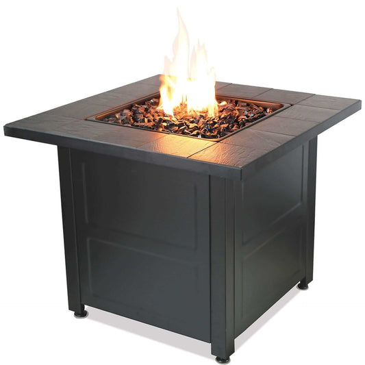 The LP Gas Outdoor Fire Table W/ Stamped Tile Design, displayed with a flame, on a white background.