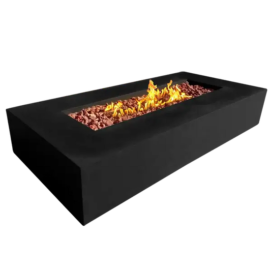 The Elegant Manhattan Concrete Rectangular Fire Pit 03, displayed in the Noir color option on a white background.