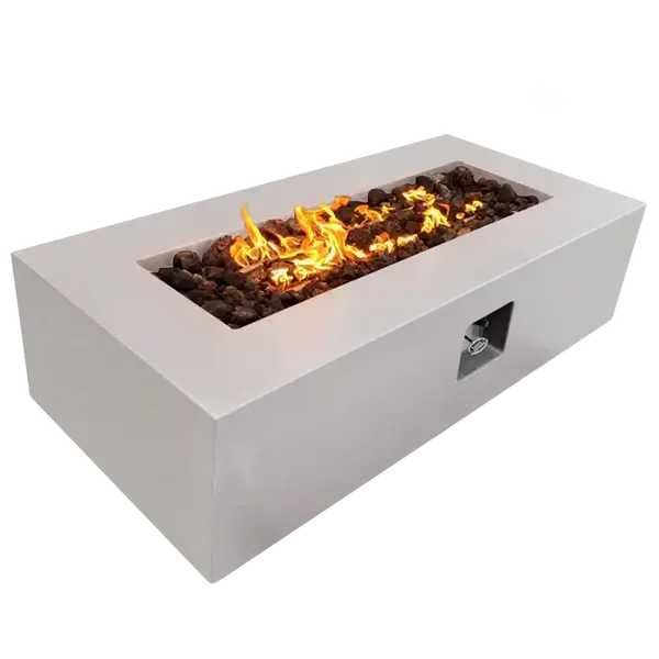 The beautiful Manhattan Concrete Rectangular Fire Pit 05, displayed in the Noir color option with a warm flame, on a white background.