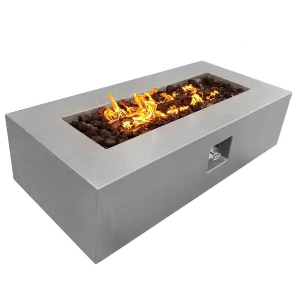 The beautiful Manhattan Concrete Rectangular Fire Pit 05, displayed in the Natural Concrete color option with a warm flame, on a white background.