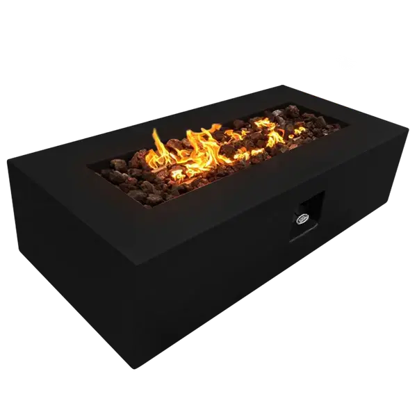 The beautiful Manhattan Concrete Rectangular Fire Pit 05, displayed in the Noir color option with a warm flame, on a white background.