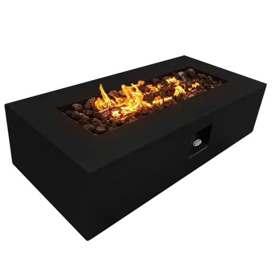 The beautiful Manhattan Concrete Rectangular Fire Pit 05, displayed in the Noir color option with a warm flame, on a white background.