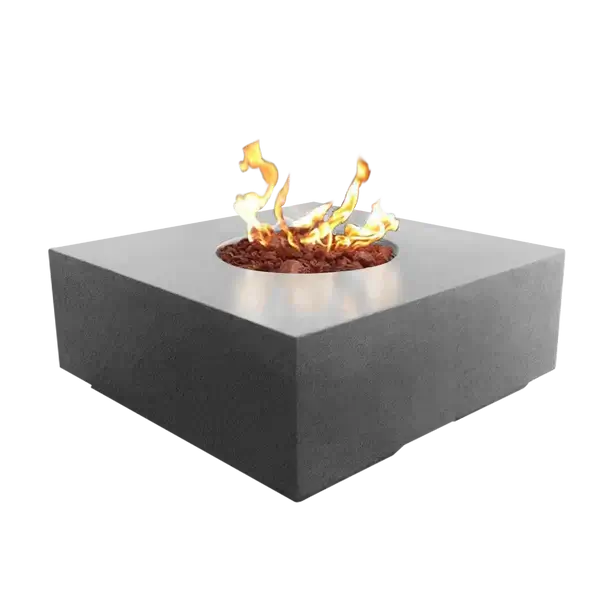 The elegant Praga Concrete Square Fire Pit, displayed in the Natural Concrete Color option on a white background.