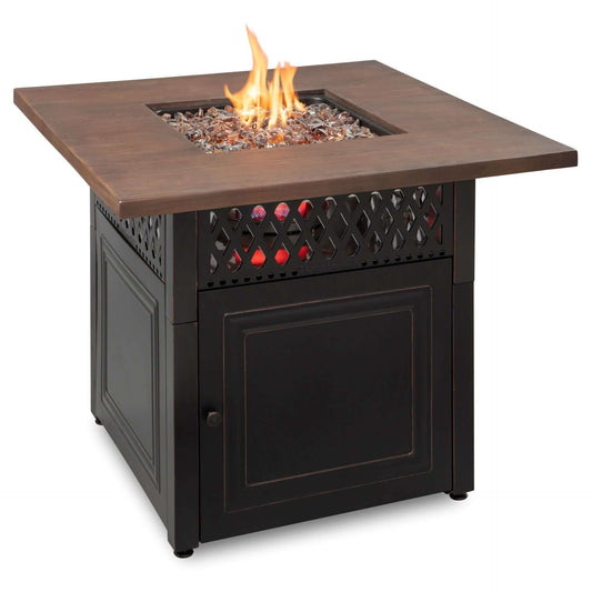 The Donovan, Dual Heat LP Gas Outdoor Fire Pit/Patio Heater with Wood Look Resin Mantel, displayed with a warm flame on a white background.