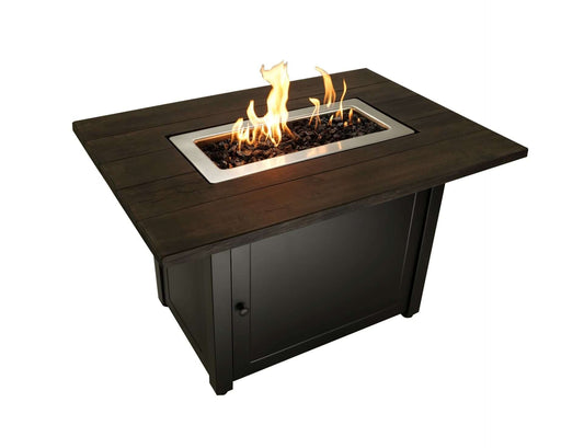 The Marc, 40 x 28 Rectangular Gas Outdoor Fire Pit displayed in use, with a warm flame, on a white background.