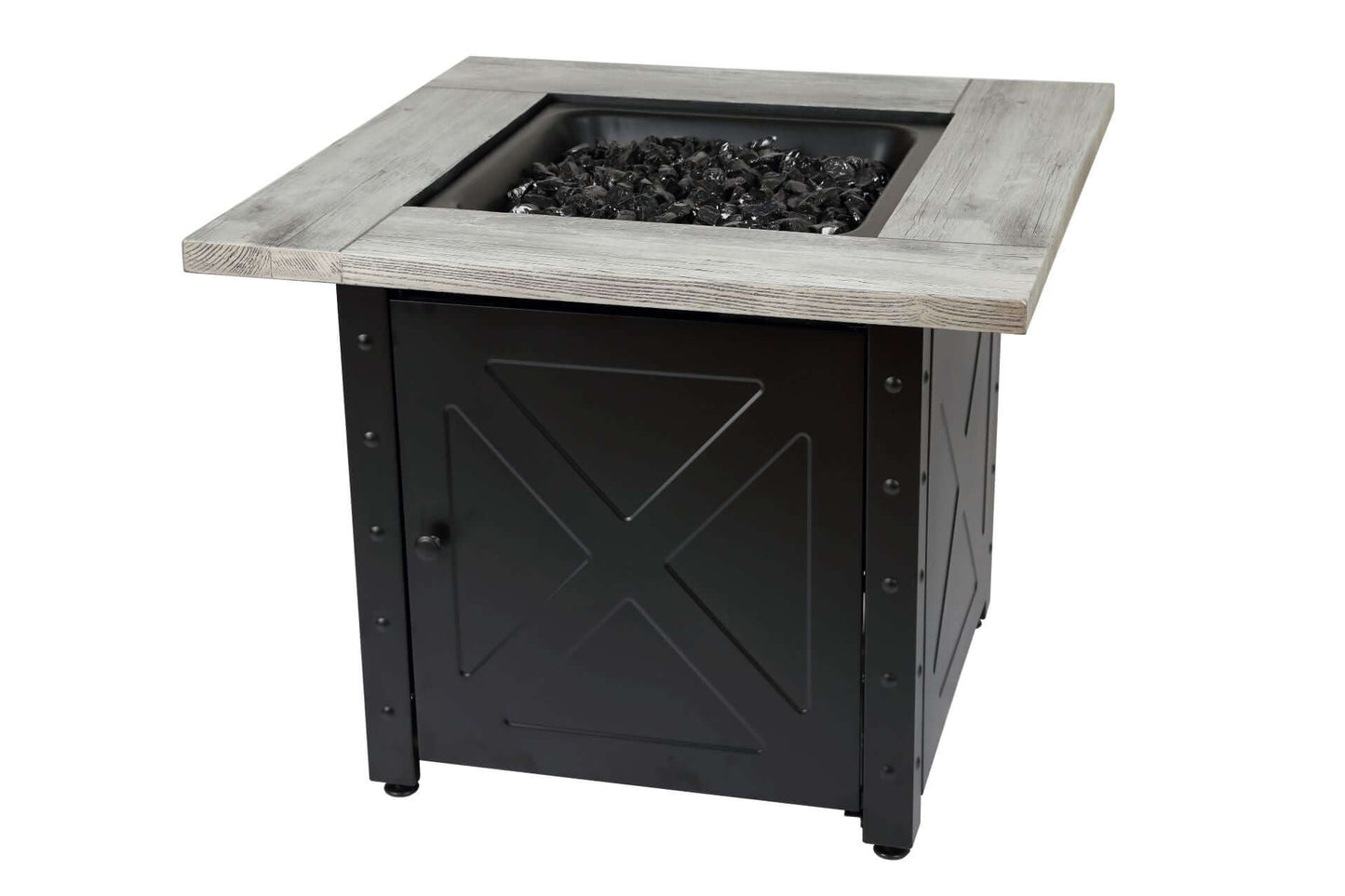 The Mason, 30" Square Gas Outdoor Fire Pit with Printed Wood Lat look Cement Resin Mantel, displayed on a white background.