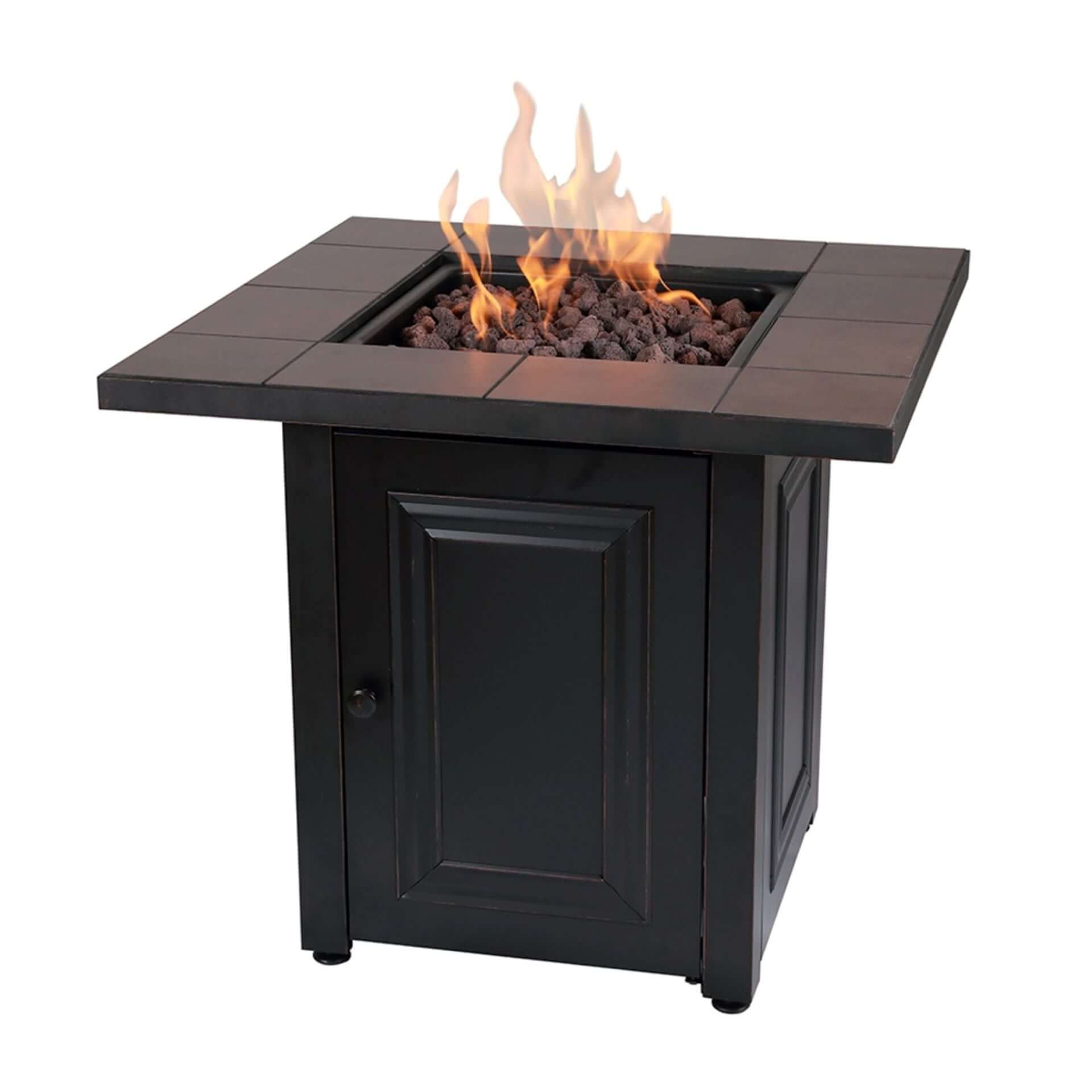 The Vanderbilt, LP Gas Outdoor Fire Pit with Ceramic Tile Mantel, Displayed on a white background with a warm flame.