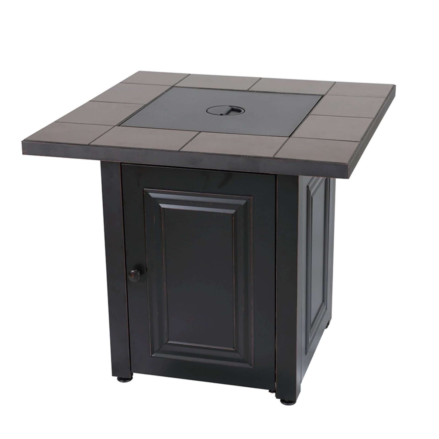 The Vanderbilt, LP Gas Outdoor Fire Pit with Ceramic Tile Mantel, Displayed on a white background with the lid on.