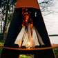 The Vesuvius wood burning fire pit, Displayed in a up close image, showing its beautiful design, with a warm flame.