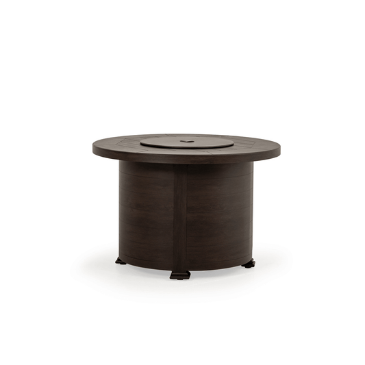 The Black Walnut, Haven 36" Round Aluminum Fire Pit. Displaying its beautiful round design and stylish Lid, on a white background