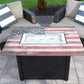 The Americana, 40 x 28 Rectangular Gas Outdoor Fire Pit, showing its beautiful american flag design on a cozy backyard Patio.