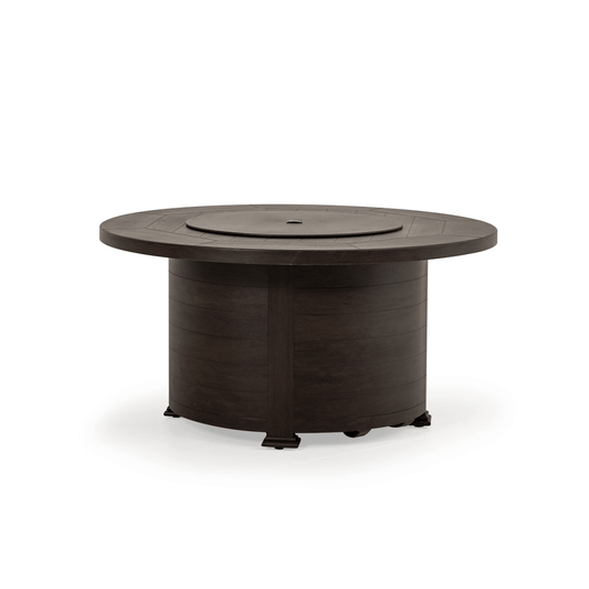 The Haven 48" Round Aluminum Fire Pit, displayed with the cover on, in a black walnut finish, on a white background.